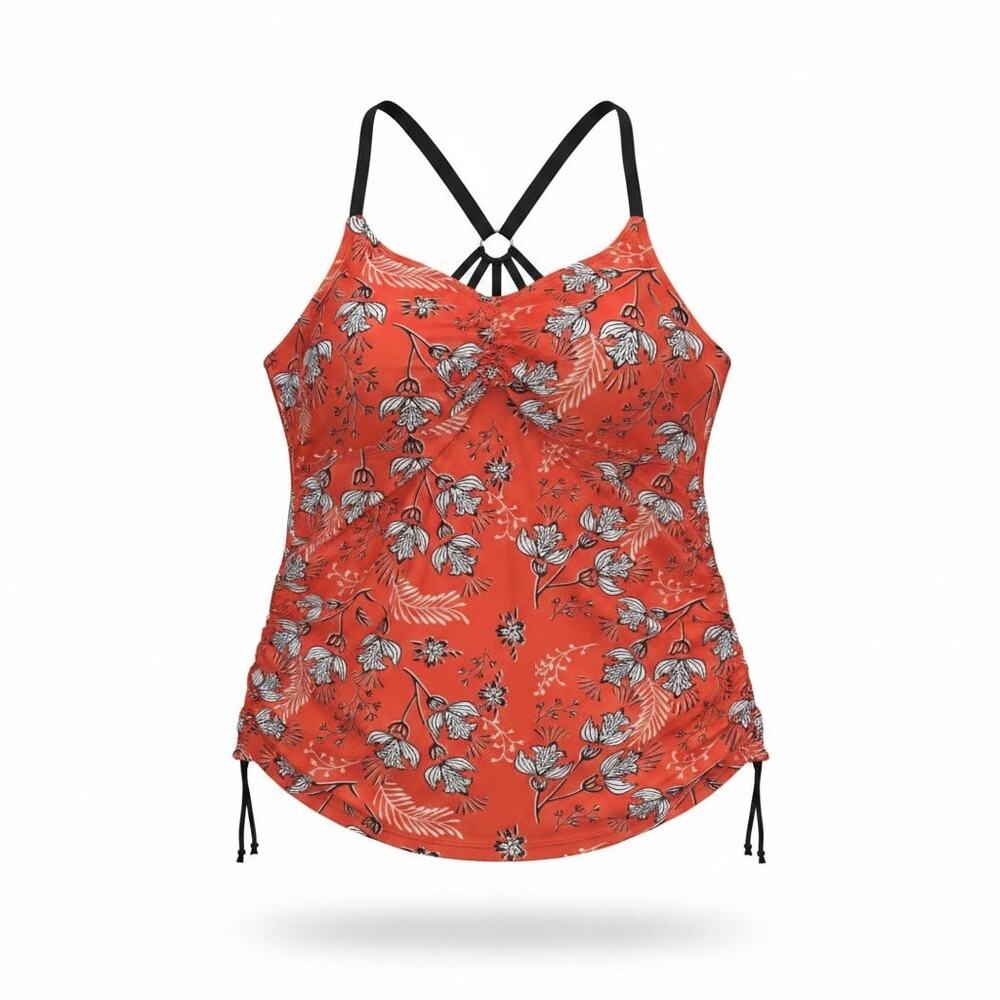 Maacie Maternity Tankini Top Size XL Red Floral Ruched Swimsuit Racerback EUC